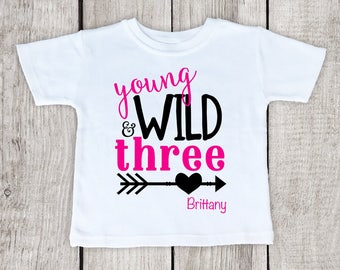 Three Year Old Girl Shirt, Wild and Three Shirt, Little Girl Clothing, Little Girls Shirts, Age 3 girl shirt, 3 year old shirt