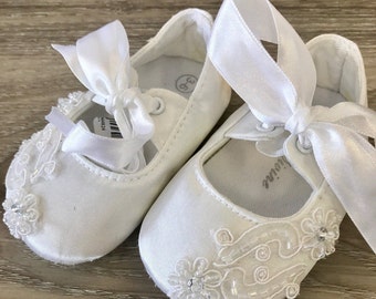 Baby satin ballet shoes with beaded lace christening shoes baptism