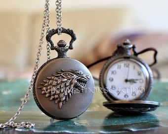 Direwolf Antique Pocket Watch House Stark Sigil Necklace Game of Thrones Wolf Pendant GoT Necklace John Snow necklace