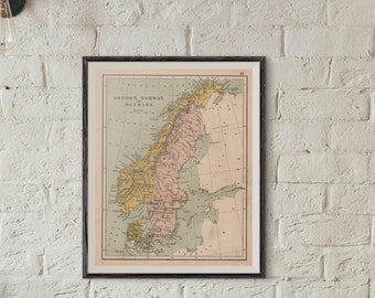 Map Of Sweden Norway and Denmark Digital 1892 Online Maps Printable Instant Download
