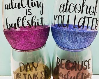 Set of 4 Adulting Phrase Glitter Wine Glasses