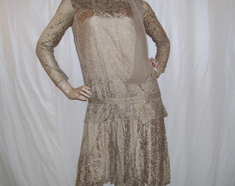 1920s Flapper Dress Silk Lace Overlay Sheer Vintage 20s Pleated Skirt Adult Deco Era Theater Stage Period Costume Champagne Flapper Dress
