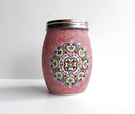 Glass jar and lid: Hand painted glass jar