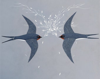 Two Swallows - Bird Art Print 8x8 - Contemporary Scandinavian Painting - Love, Engagement, Wedding - by Natasha Newton