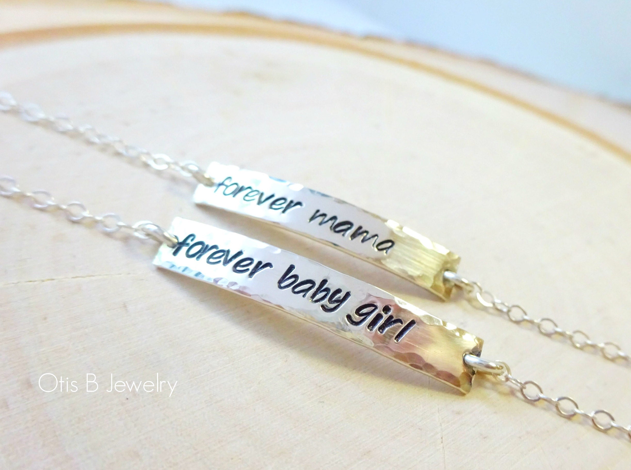Mother and child bracelet set, Mothers day gift, bar bracelet, hand stamped custom text phrase, meaningful message for mom, mother of bride