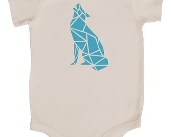 Origami Wolf Baby Bodysuit (Natural with Ocean Blue Graphic)
