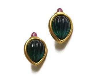 Fuchsia & Green Molded Glass Earrings Vintage signed Jesara