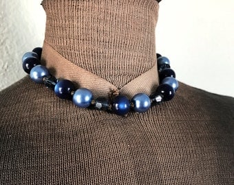 Vintage 1960's Moonglow Lucite Blue Plastic Choker Necklace Single Strand Faceted Beads