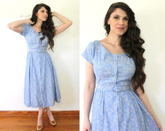 1950s Dress / 50s Light Blue Floral Cotton Dress