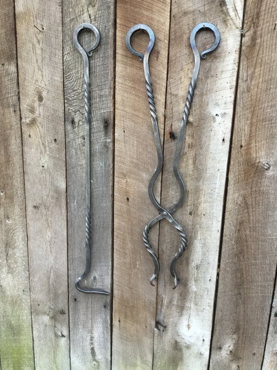 Hand Forged Fire Poker and Tong set with twists.
