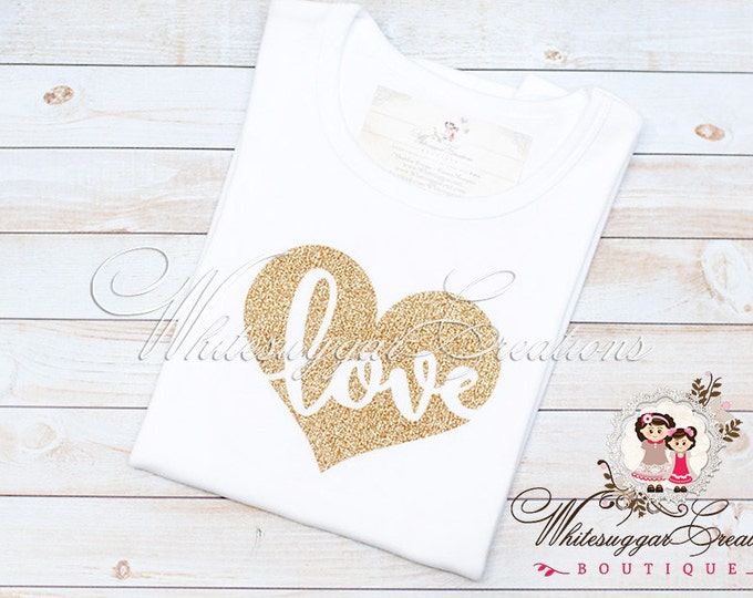 Girls Gold Glitter Heart Shirt, Glitter Heart Shirt, Gold Heart Shirt, Baby Valentines Outfit