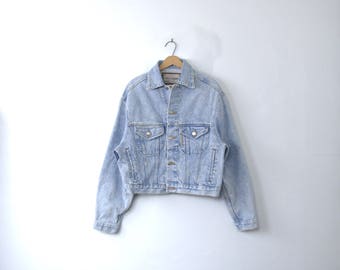 Vintage 80's stone washed jean jacket, oversized denim jacket, cropped jacket, size large