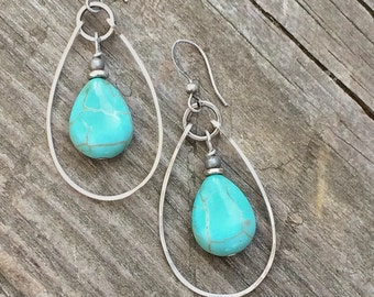 Turquoise Earrings, Silver and Turquoise Hoop Earrings