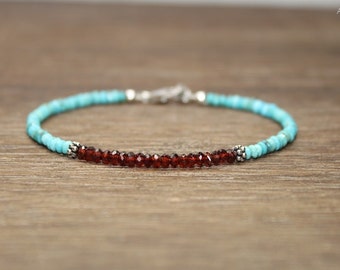Garnet & Sleeping Beauty Turquoise Bracelet, Bali Silver Beads, Sleeping Beauty Turquoise Jewelry, December Birthstone