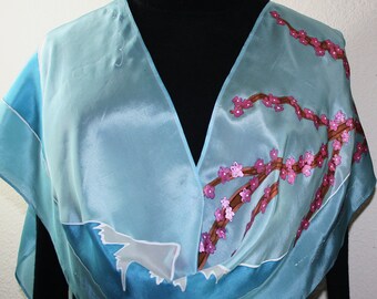 Blue Hand Painted Silk Shawl. Handmade Silk Scarf JAPANESE LANDSCAPE.Size 11x60. Japanese Sakura Blossoms. Birthday Gift. Bridesmaid Gift