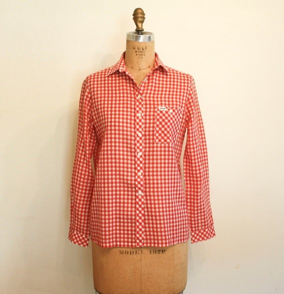 Red and White Checkered Striped Sleeveless Blouse Button Front