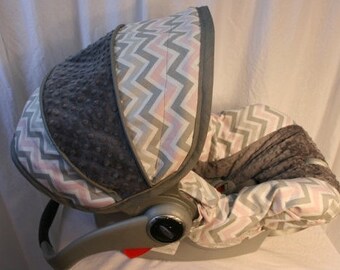 Grey White Pink Chevron with Charcoal minky- Girl Infant car seat cover- Custom Order- Always comes with Free Strap Covers