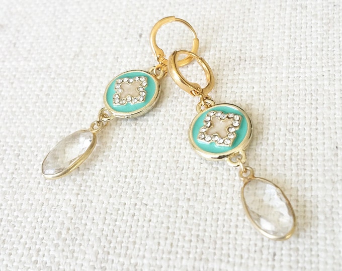 Turquoise Earrings, Gold Turquoise Earrings, Gold Turquoise Crystal Earrings, Turquoise Crystal Earrings, Gold Crystal Earrings