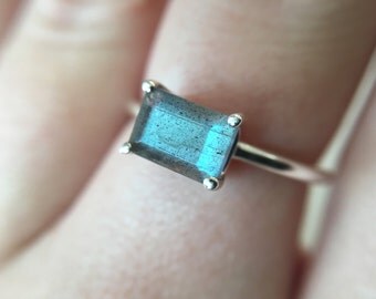 Emerald Cut Faceted Labradorite Ring in sterling silver - sterling silver labradorite ring - faceted labradorite ring - stacking ring