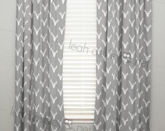 Curtain Panel - Gray Woodland Deer Buck Heads - C1