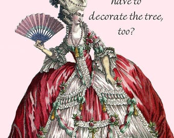 Christmas. Christmas Tree. Decorations. Marie Antoinette. Marie Antoinette Dress. Red. Green. Pink. Card. Postcard. Marie Antoinette Card.