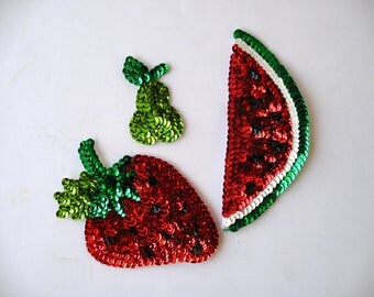 Sequin Patches, Set of fruit (pear, watermelon slice and strawberry)