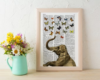 Summer Sale Elephant in love counting butterflies book print wall art, collage Printed on vintage dictionary book page ANI088
