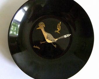 Vintage Brass, Bakelite Couroc Roadrunner Serving Bowl - Mid Century Modern, Black, Brown, Made in USA, Hostess Gift, Cactus, Retro Bar