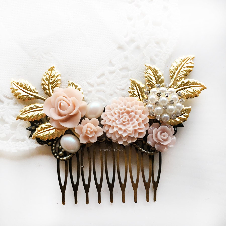 Pink Wedding Hair Comb Gold Bridal Hair Piece Blush Hair