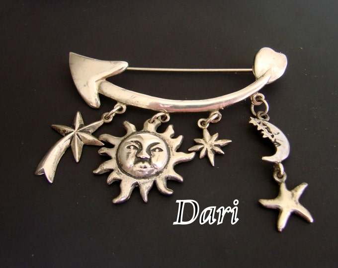 Vintage Dari Designer Signed Silver Pendant Brooch Southwestern Motifs Sun Moon Star Arrow Charms Jewelry