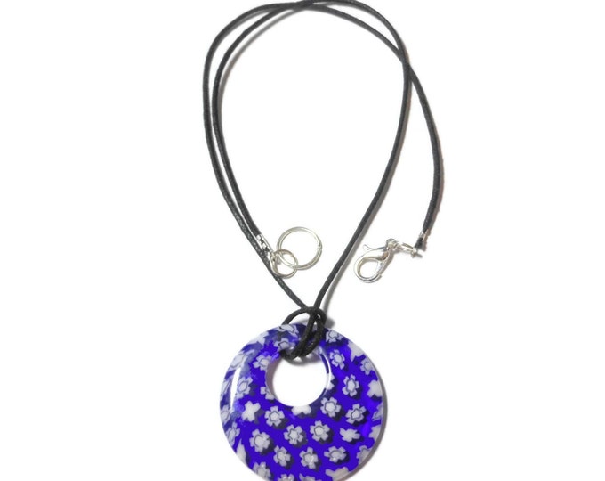 FREE SHIPPING Millefiori glass pendant, 30mm round blue background, white flowers, round go-go on black cord, silver plated findings