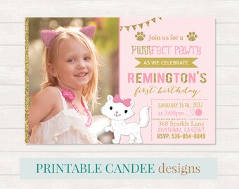 Kitty Cat Birthday Invitations, Animal Party, Pet Invite, Pink Gold, Printable DIY