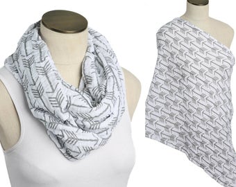 SALE! Gray Arrows on white 100% Cotton Muslin Gauze Hold Me Close Nursing Scarf, Nursing Cover, Infinity Scarf, Nursing Poncho