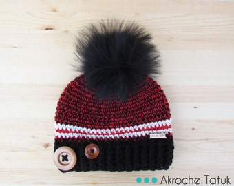 Rustik hat. Red, black and cream woman crochet winter hat with buttons and fur pompom by Akroche Tatuk (made to order)