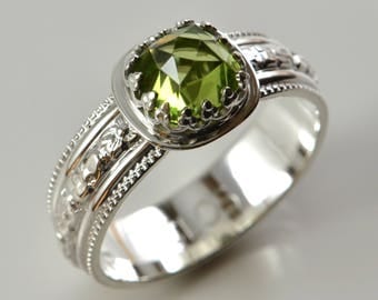 Peridot Ring, Sterling Silver, Green Peridot Faceted Cushion Gemstone Jewelry, August Birthstone, Engagement Promise Wedding, Unique Gift