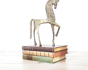 Mid Century Brass Etruscan Horse Statue Frederick Weinberg Style Vintage Cast Metal Trojan Horse Statue