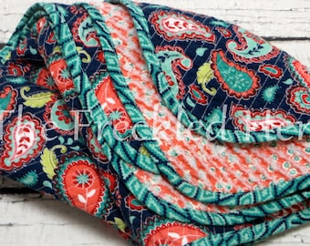 Baby quilts handmade faux chenille quilt baby girl blanket floral paisley soft la vie boheme navy coral turquoise aqua olive free ship