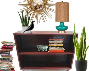 Mid Century Bookcase Wood Bookshelf Atomic Age Curio Display Shelves Retro Book Case Shelf Mid Century Modern Real Wood Bohemian 2 Tier