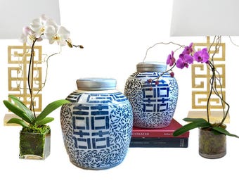 Vintage Blue and White Ginger Jar PAIR Porcelain Chinoiserie Decor Double Happiness Jar Set Asian Decor Hollywood Regency Console Display