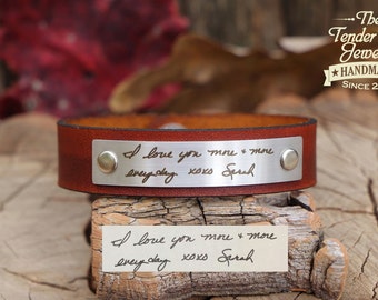 Custom Handwriting Engraved Personalized Leather Bracelet Leather cuff Handwriting Bracelet Brown Leather Bracelet Color Options Available