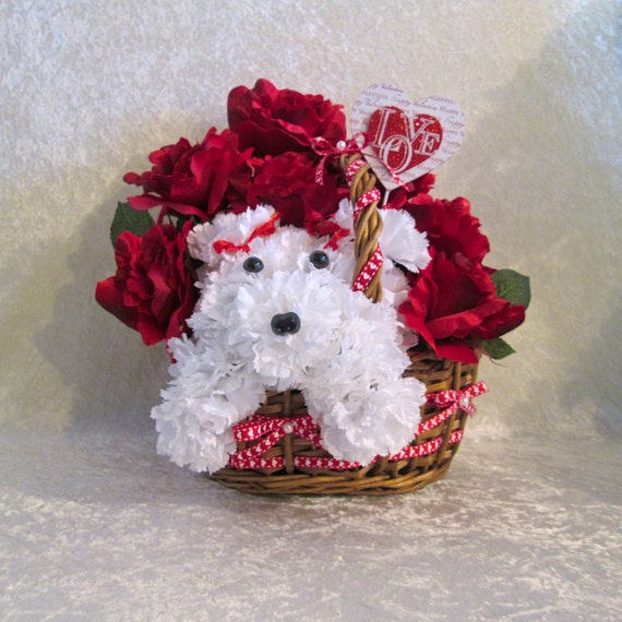 Valentine Silk Flower Arrangement in a Basket with Red Roses