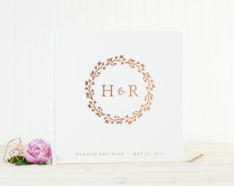 Wedding Guest Book with Rose Gold Foil guestbook 12x12 wedding photo album monogram wreath personalized instant photo wedding gift hardcover