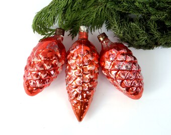 Pine Cones Christmas Glass Ornament Tree Orange Yellow Christmas Decorations Set of 3 Vintage Mercury Glass Pine Cone Soviet vintage 1970s