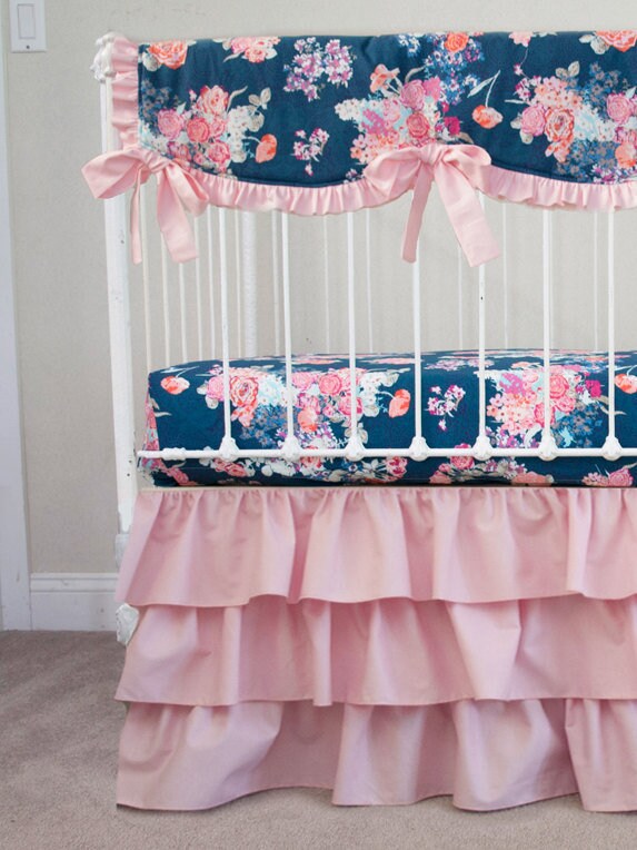 Navy Floral Pink Coral Purple Baby Girl Crib Cot Bedding.