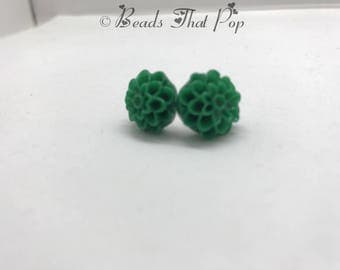 Green Flower Earrings, Chrysanthemum Stud Earrings, Green Earrings, Handmade, Neutral Earrings, Great gift for all ages and occasion