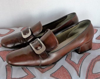 Vintage PILGRIM Mod Italian Leather Shoes LOAFERS Buckles Amalfi RANGOLI Brown Size 9 N
