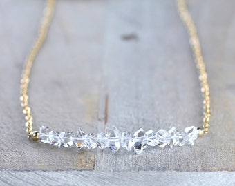 Herkimer Diamond Row Necklace in Sterling Silver or Rose Gold Filled, April Birthstone Gemstone Necklace, Natural Herkimer Crystal Jewelry