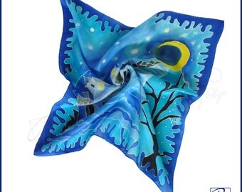 Blue Silk Scarf Hand Painted Bandana Small Square Scarf, Neckerchief, 21x21inches, Under the Moon, Art to wear, Birthday Gift, READY TO SHIP