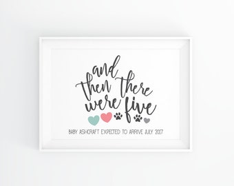 Heart Pregnancy baby announcement sign, maternity photo prop Custom And Then There Were Five dog print/big sister/brother heart Digital File