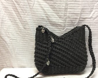 Capelli ,Black Woven Purse, Shoulder Bag, Heart, Flower, Charms,Summer purse